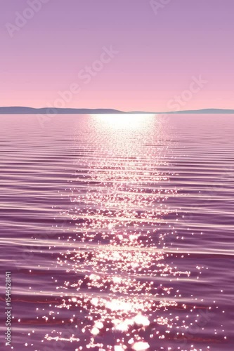 A serene sunset over a tranquil lake, reflecting vibrant pink hues on calm waters with a shimmering surface.