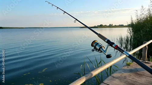 rod with reel perches on the edge of a tranquil lake as a breeze sends ripples across the water, sunlight reflecting off its surface and blending with the soft hues of the sky above Dynamic Camera