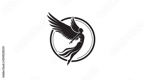 Winged human figure logo in a circle, symbolizing freedom, aspiration, strength, and spiritual or mythical concepts.