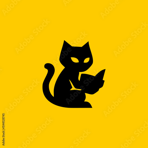 Black cat silhouette reading a book on a yellow background