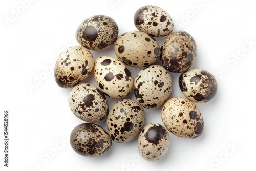Speckled quail eggs on white background. AI generated