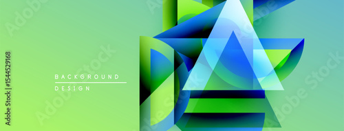 Abstract geometric shapes overlap, creating vibrant layered design. Green background complements blue, yellow hues. Modern aesthetic.