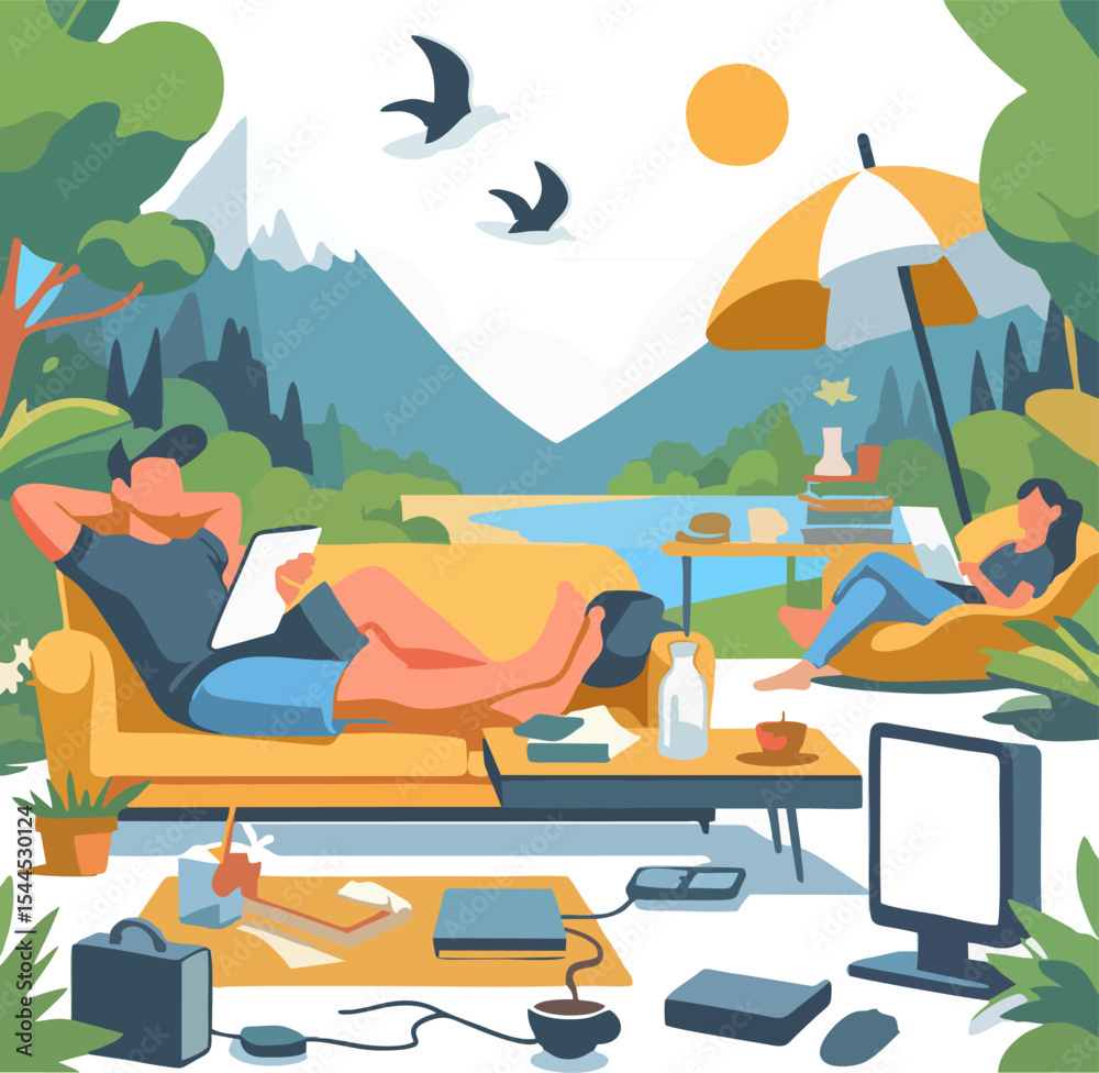 Obraz premium Digital Detox Concept – Flat Vector of Tech-Free Lifestyle