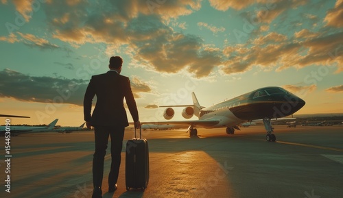 A man in a black suit with a suitcase walking towards the plane at the airport, a cinematic shot of a young businesswoman going to a private jet on a travel vacation trip.