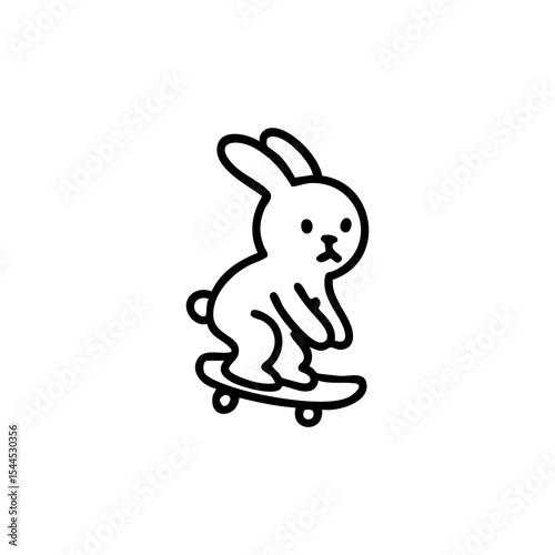 Simple line art of a cartoon rabbit riding a skateboard