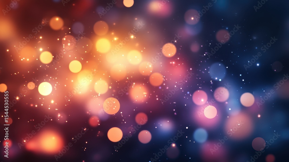 Fototapeta premium Blurred bokeh lights in orange and blue, small glitter specks. Great for festive backgrounds, overlays or abstract designs.