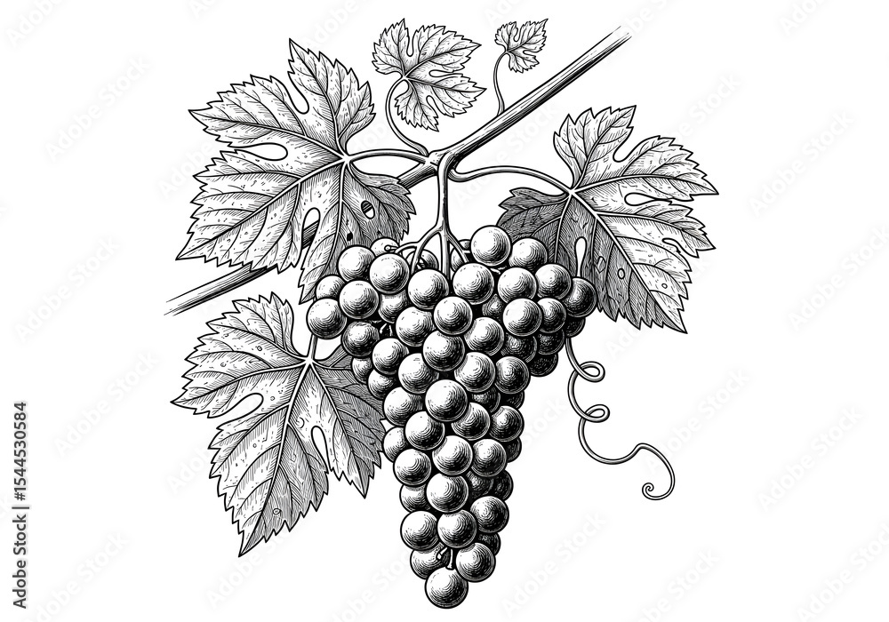 Obraz premium Vintage style botanical illustration of grapes hanging on the vine with detailed leaves in black and white
