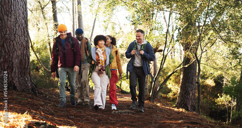 Canvas-taulu Hiking, nature and group of friends with adventure, journey or activity on outdoor vacation