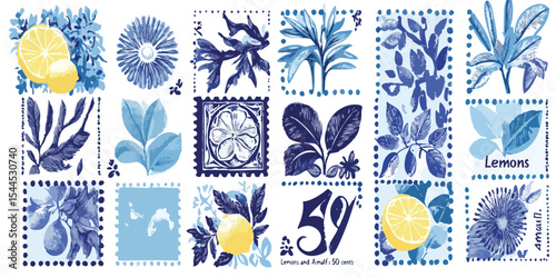 Blue and white patterned design featuring lemons, leaves, and flowers in a framed mosaic style