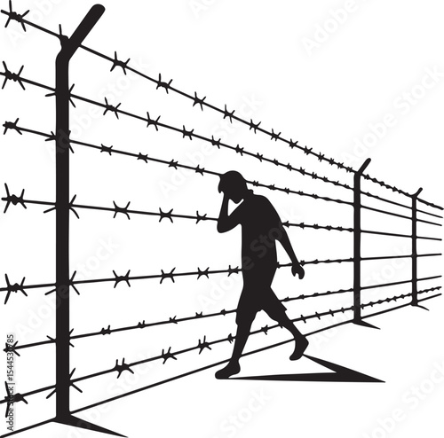 Silhouette of a woman behind barbed wire, an illustration depicting work and people in construction