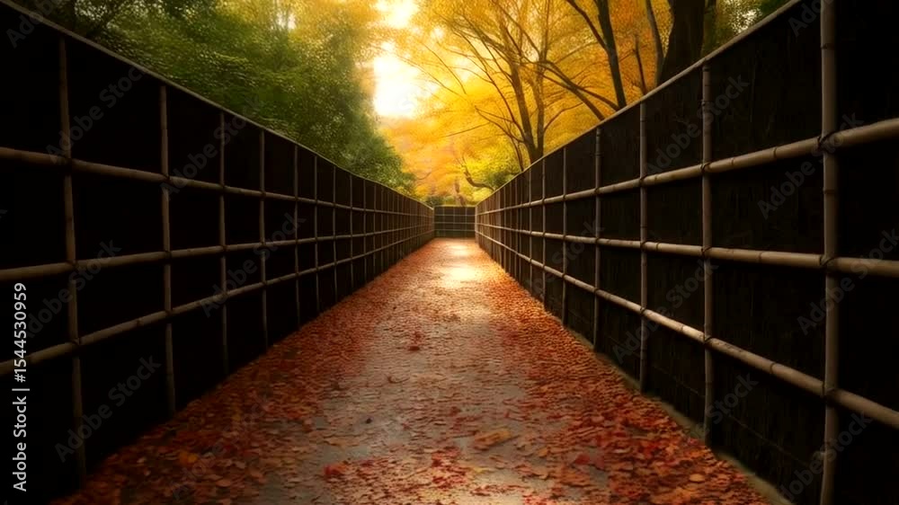 Autumnal path lined with fall foliage and a metal fence
