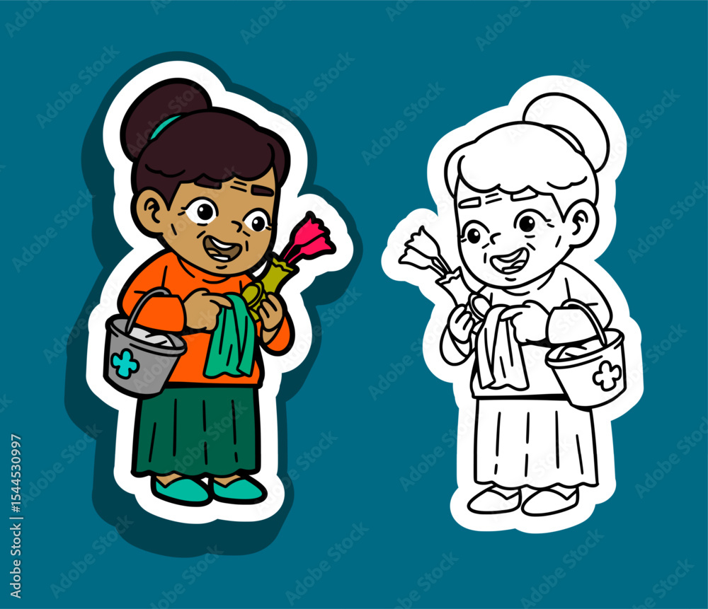 Cartoon Illustration of a Cheerful Cleaning Lady with Cleaning Supplies Cartoon Illustration of a Cheerful Cleaning Lady with Cleaning Supplies