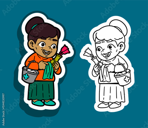 Cartoon Illustration of a Cheerful Cleaning Lady with Cleaning Supplies