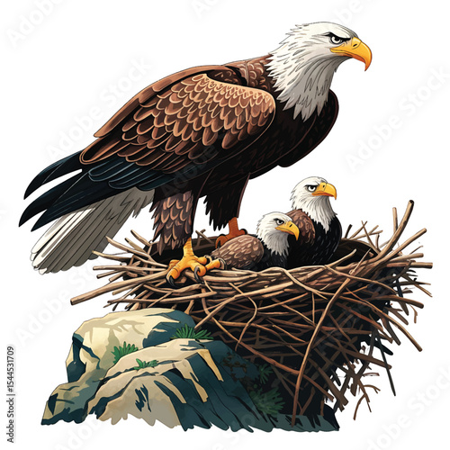 eagle bird with baby in nest illustration stock photos