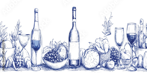 Still life illustration of wine bottles, glasses, fruits, and vegetables