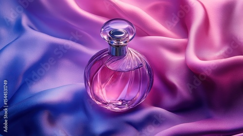 Round perfume bottle on blue & pink satin fabric, top view. Use this for cosmetic ads, fragrance campaigns, and beauty blogs.