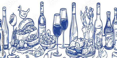 Festive Table Setting with Food and Wine