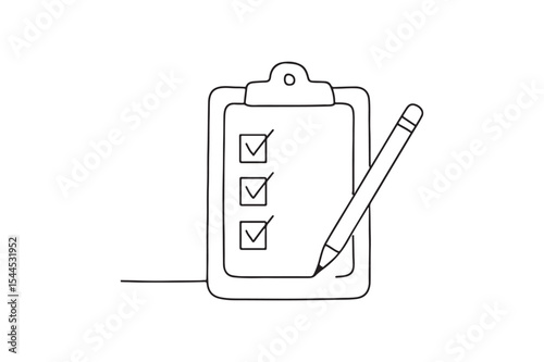 Pencil and checklist clipboard continuous one line drawing minimalism design
