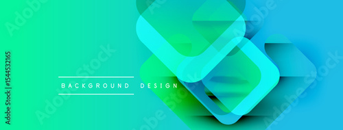 Vibrant gradient background features overlapping squares. Modern design elements create dynamic visual effect. Simple text labels bottom center.