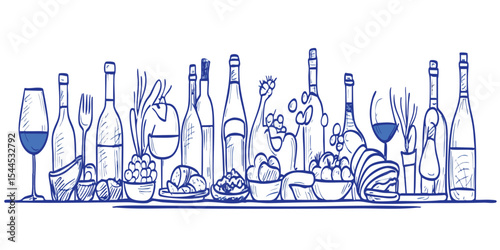 Hand-drawn illustration of various food and drink items arranged on a surface