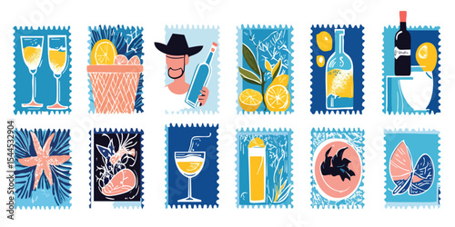 A collection of stylized, postage-stamp-like images featuring drinks, fruits, and other summery items.  Bright colors and simple shapes in a flat design