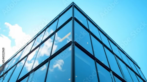 Modern glass building corner with sky reflections, photorealistic, slow upward camera movement, minimalist, daylight