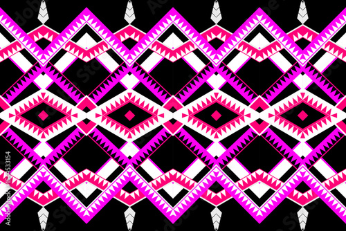 Eye-catching ethnic pattern with pink diamond and eye-like shapes on black background. Great for futuristic tribal prints, bold fabric designs, and unique digital backgrounds.