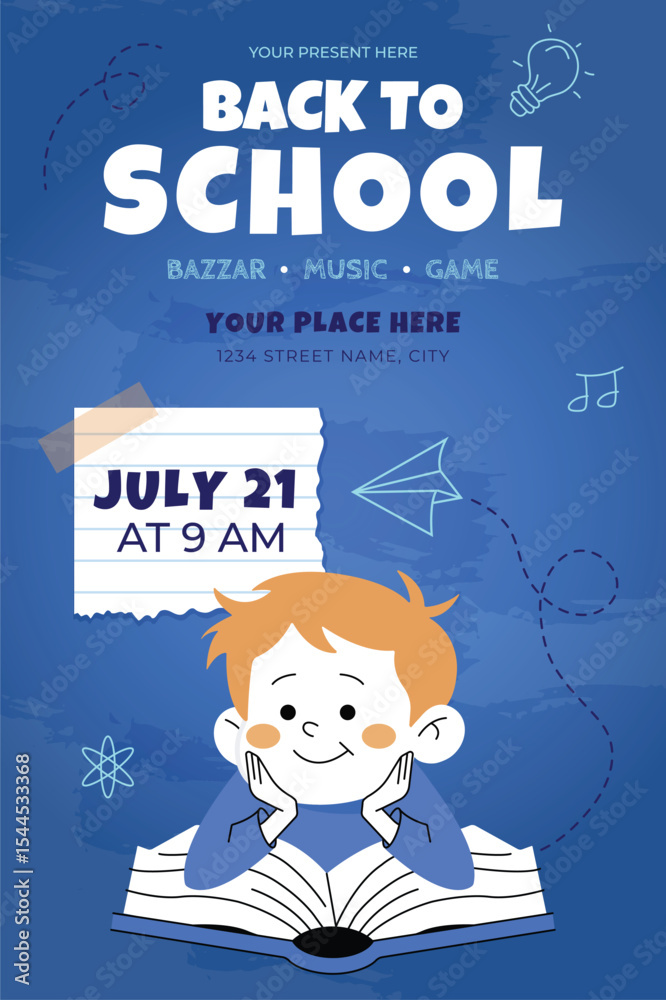 Naklejka premium Back to school sale poster with cute cartoon student, open book, and 80% discount. July promotion template for stores, education, kids, and learning-themed marketing.