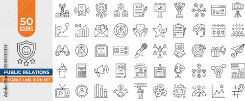 Public Relations Line Icons – Editable Stroke Vector Set for PR, Branding, Media & Corporate Communication. Editable Stroke. Vector illustration