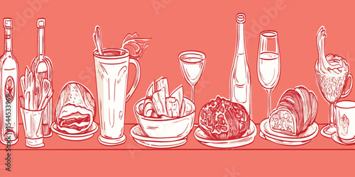 Various food and drink items arranged on a surface