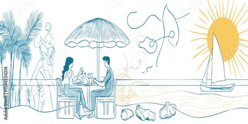 Couple enjoying a romantic seaside lunch under a beach umbrella, with palm trees and a sailboat in the background