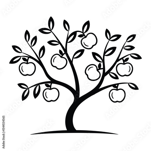 Apple Tree Icon, Vector, Illustration, Outline, Line Art, Silhouette, Logo, White Background.