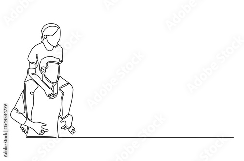 Continuous one line drawing of Father giving son ride on back. Single line drawing illustration of Father with daughter. Happy loving family concept vector art. Doodle line illustration.