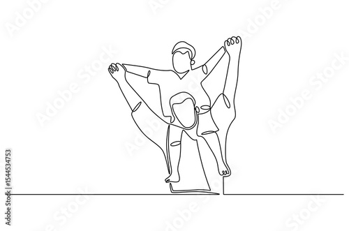 Continuous one line drawing of Father giving son ride on back. Single line drawing illustration of Father with daughter. Happy loving family concept vector art. Doodle line illustration.