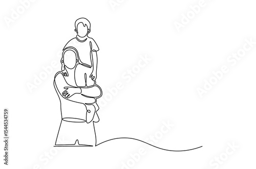 Continuous one line drawing of Father giving son ride on back. Single line drawing illustration of Father with daughter. Happy loving family concept vector art. Doodle line illustration.