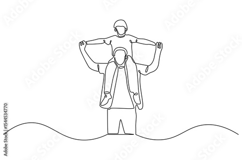Continuous one line drawing of Father giving son ride on back. Single line drawing illustration of Father with daughter. Happy loving family concept vector art. Doodle line illustration.