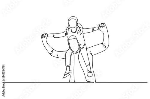 Continuous one line drawing of Father giving son ride on back. Single line drawing illustration of Father with daughter. Happy loving family concept vector art. Doodle line illustration.