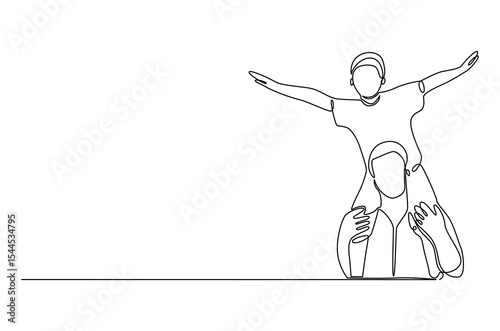 Continuous one line drawing of Father giving son ride on back. Single line drawing illustration of Father with daughter. Happy loving family concept vector art. Doodle line illustration.