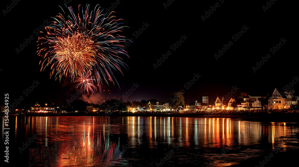 Fototapeta premium Night fireworks over town