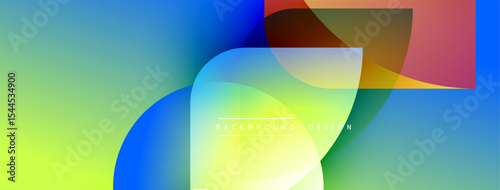 Abstract colorful shapes overlap creating dynamic visual effect. Gradient hues blend smoothly, forming modern background design.