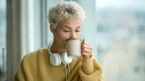 Woman enjoying coffee break at desk while looking out of window