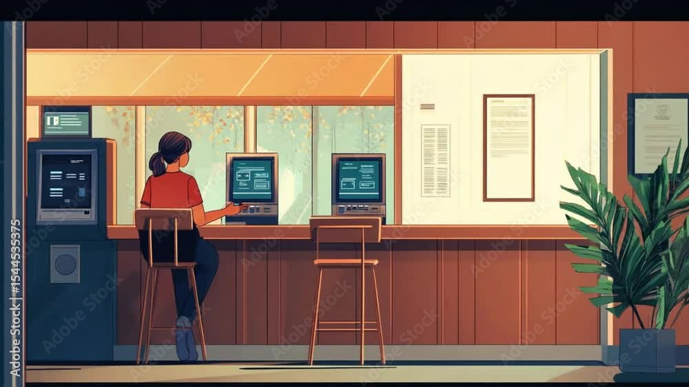 Retrofuturistic Kiosk: A Woman at work in a digital landscape