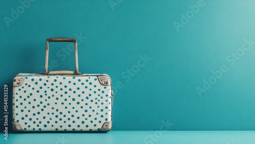 Photo of a polka-dot travel suitcase and an empty teal wall background, symbolising the beginning or end of your journey. Web banner with copy space on the right for text.