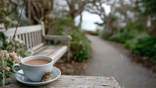 Woodland bench with coffee and camera near a playful squirrel