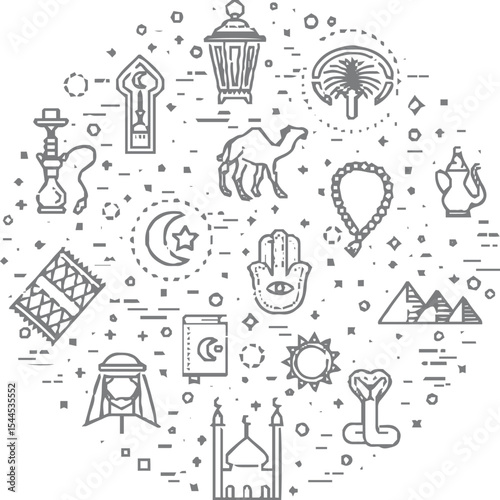 Content creation and writing-themed doodle icon set arranged in a circular layout. Includes elements like typewriters, paper, pens, chat bubbles, tablets, keyboards, quill pens, light bulbs, megaphone