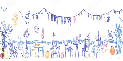 Child's drawing of a beachside party