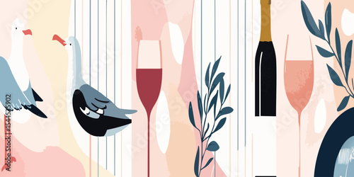 Abstract art featuring seagulls, wine glasses, a bottle, and foliage