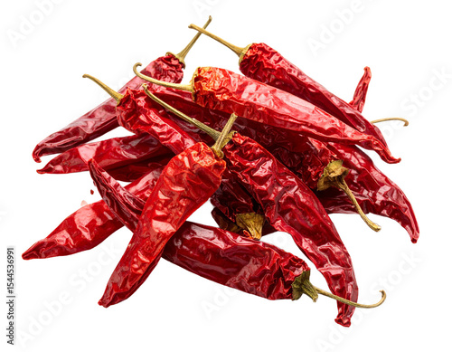 A vibrant pile of dried chili peppers displaying rich, crimson hues on transparent background