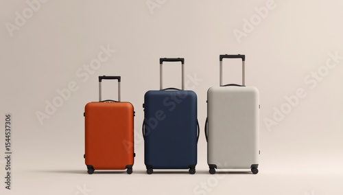 Three suitcases of different sizes and colors, standing upright on wheels against a neutral background. The luggage is made from plastic with a matte finish, featuring horizontal stripes along the edg