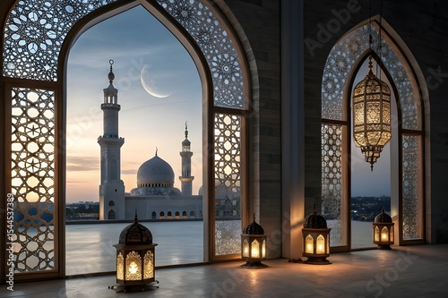 ornamental Arabic lantern with burning candle glowing at night and mosque in background. Festive greeting card for Muslim holy month Ramadan Kareem.